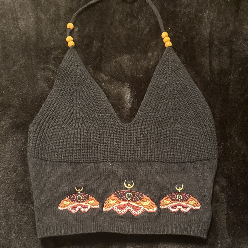 Amazon Black Knit Crop Top with Embroidered Design
